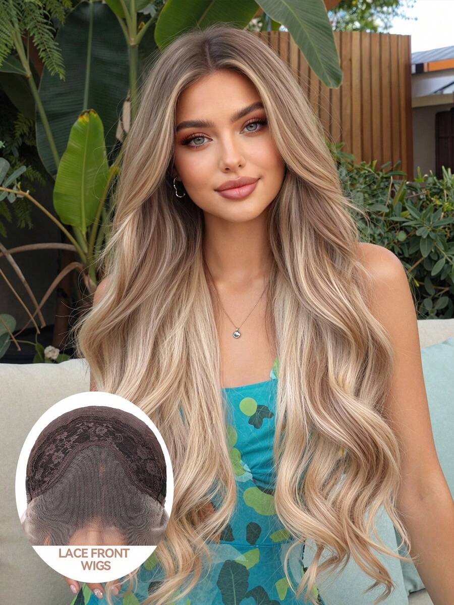 Peluca sintética de onda corporal de 26 pulgadas 13*4 con encaje frontal para mujeres, con reflejos de rubio ceniza a marrón ombre, de aspecto natural y resistente al calor para uso diario, fiestas y vacaciones