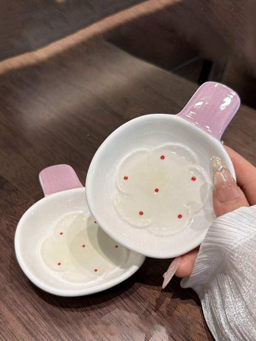 2/4件套可爱花朵造型蘸酱碟,带把手,白色底红色圆点装饰,小碟子,适用于盛放开胃菜、蘸酱、调味汁、小吃、寿司、冰淇淋等。 - 彩色 - 查看 1