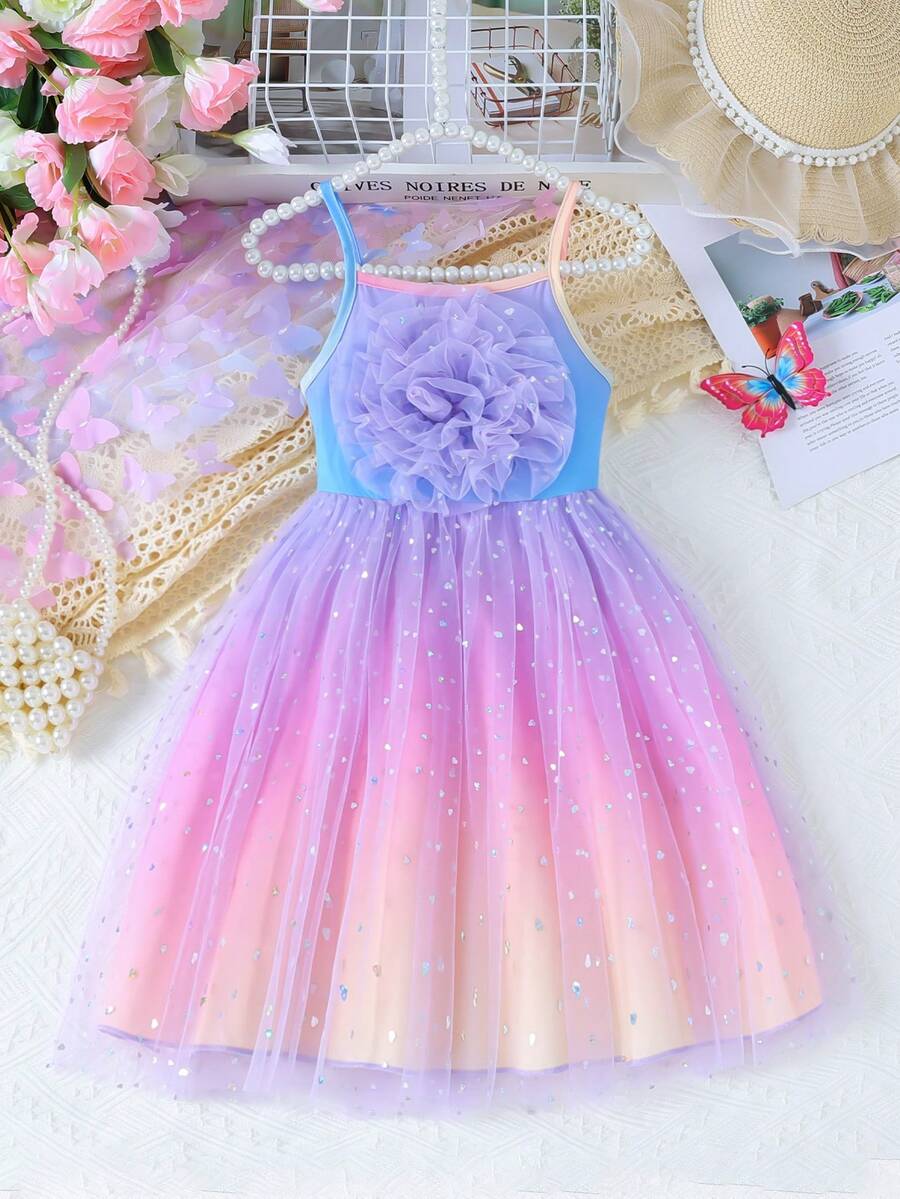 Đầm slip lưới đính sequin mùa hè cho bé gái, họa tiết hoa 3D thủ công, hiệu ứng ombre. - Nhiều màu - Xem 1