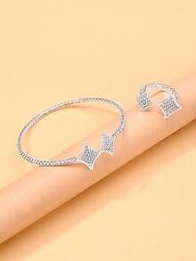 Set de 2 piezas de pulsera y anillo con forma de rombo con rhinestones, estilo bohemio, juego de joyería para mujer para fiestas y celebraciones - Plateado - Ver 4