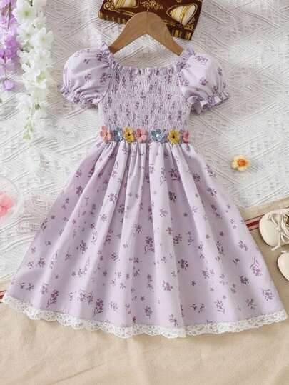 Vestido casual con mangas con volantes y cintura con lazo con estampado floral pequeño para niñas, primavera/verano