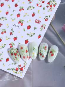 2张3D夏季草莓美甲贴纸，可爱红色水果绿色叶子设计，自粘式美甲装饰，女士DIY美甲用品 - 彩色 - 查看 9