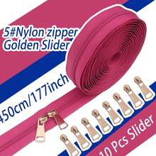 1 Bộ, (177 inch/450 cm/5 yard) Khóa kéo nylon #5 + 10 đầu kéo khóa màu vàng nhạt, Thích hợp cho việc may vá tại nhà, tự làm và thay thế khóa kéo. - 5NL+8#đau - Xem 1