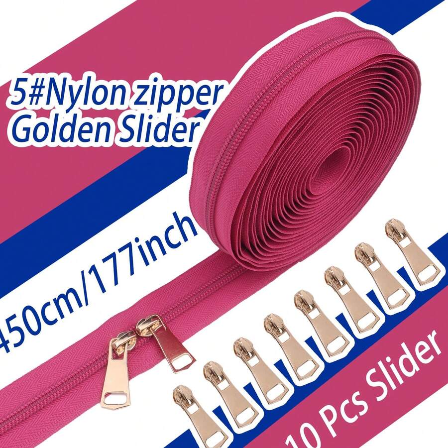 1 Bộ, (177 inch/450 cm/5 yard) Khóa kéo nylon #5 + 10 đầu kéo khóa màu vàng nhạt, Thích hợp cho việc may vá tại nhà, tự làm và thay thế khóa kéo. - 5NL+8#đau - Xem 1