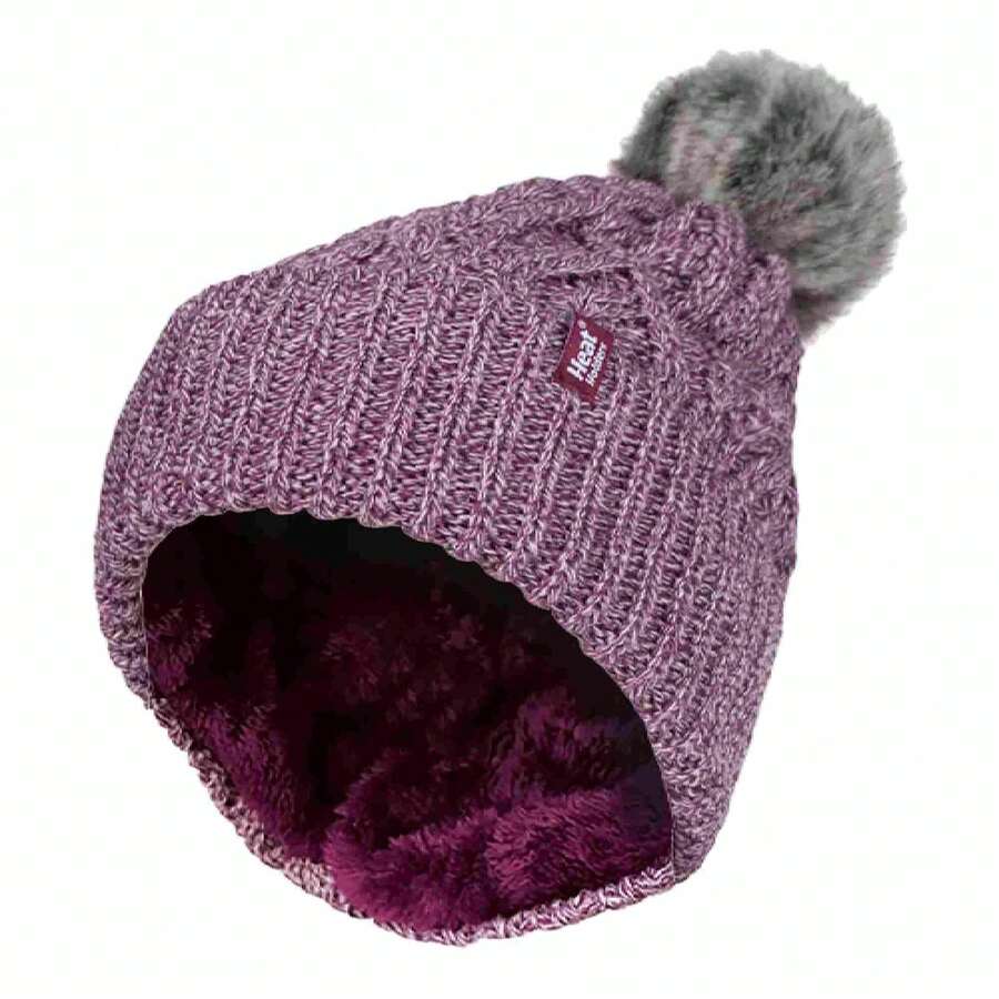 Heat Holders Heat Holders - Ladies Chunky Ribbed Cuffed Thermal Winter Pom Pom Bobble Beanie Hat With Fleece Lining - 玫瑰 - 查看 1