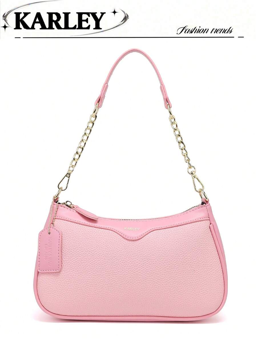 Túi đeo vai dây xích màu hồng, túi đeo chéo nhỏ dành cho nữ, túi thời trang đa năng, thiết kế tối giản nhẹ nhàng, túi hình trăng lưỡi liềm, túi baguette, túi đeo nách phong cách Y2K. - Hồng - Xem 1