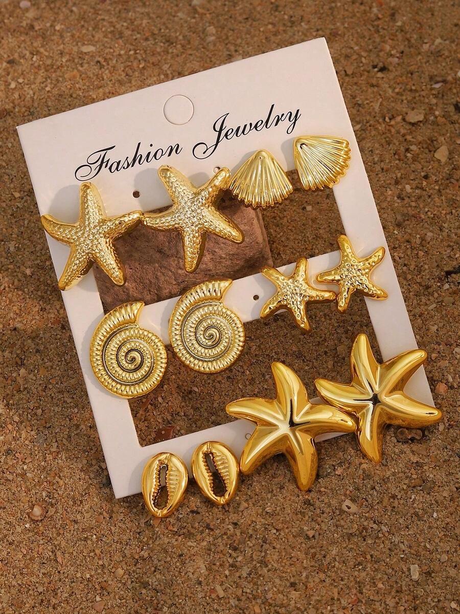 1/6 Pares de pendientes dorados con forma de estrella de mar, concha y caracol, accesorios de playa para mujeres, joyería de playa - Amarillo Oro - Ver 1