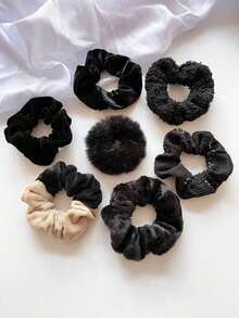 7pcs Women's Black Plush Rabbit Fur Scrunchies, Solid Color Thick Simple Elegant Hair Ties, Versatile Cute Hair Accessories Suitable For Daily Wear, Ponytail, Makeup Matching, Autumn/Winter, Scrunchy Hair Ties Head Accessories Elastic Band - 紅色 - 查看 1