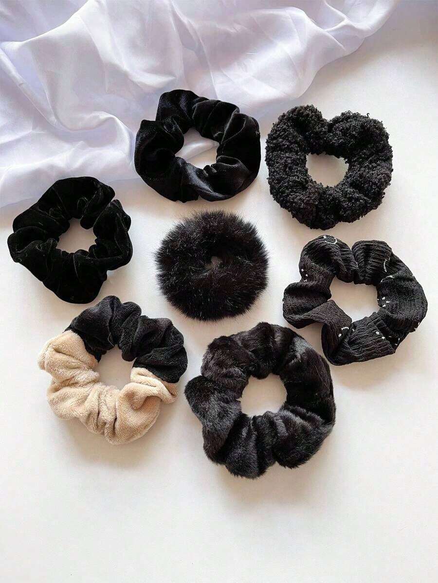 7pcs Women's Black Plush Rabbit Fur Scrunchies, Solid Color Thick Simple Elegant Hair Ties, Versatile Cute Hair Accessories Suitable For Daily Wear, Ponytail, Makeup Matching, Autumn/Winter, Scrunchy Hair Ties Head Accessories Elastic Band - 紅色 - 查看 1