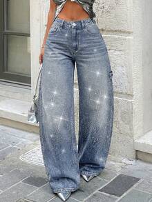 Damjeans med hög midja, vida ben och gradientblå strass, trendiga streetstyle-jeans - Mörktvätt - Visa 6