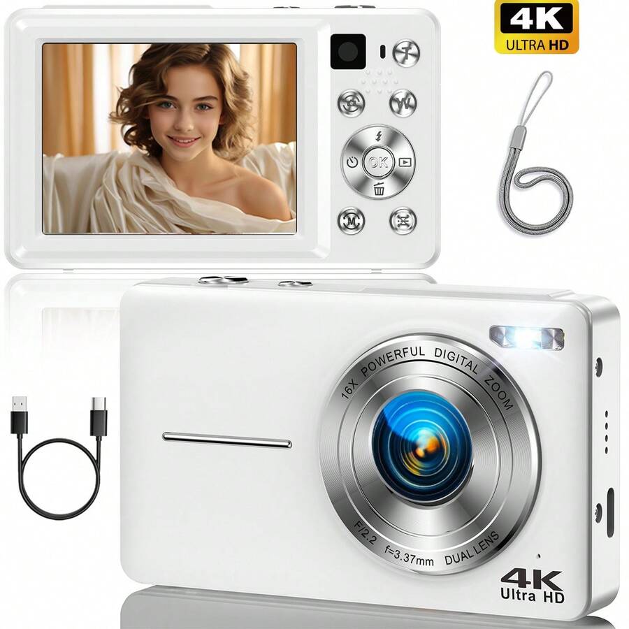Nicamery 4K Digital Camera 64MP High Definition Vlog Camera, Dual Front And Rear Lenses, Auto Focus Anti-Shake, 16x Digital Zoom, LED Flash Fill Light, Portable Student Entry-Level Summer Vacation Travel Life Recording Essential, 2 Batteries, Holiday Gift Set [Memory Card Not Included, Need To Purchase Separately] - White - View 1
