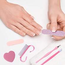 7pcs Manicure & Pedicure Tool Set, Glitter Nail File, Pink Mini File, V-Shaped Dead Skin Scraper, Dead Skin Pusher, Heart-Shaped Polishing Block, Dead Skin & Callus Removal, Nail Filing & Grooming Tools, Salon-Grade Home Portable Travel Manicure Accessory Kit With Storage Bag/Pedicure Tools Salon - Multi-Function Nail Care Set, Travel Portable Set, Daily Use, Nail File, Tool Accessories, Manicure Accessory Tools, Cuticle Care Tools - Baby Pink - View 3
