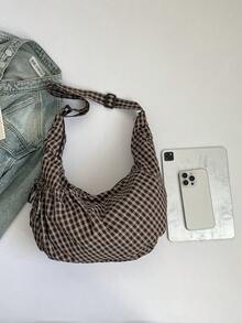 Bolso de hombro y bandolera multifuncional de diseño único de moda, de alta calidad, a cuadros, con cordón y forma de empanadilla, para uso diario y desplazamientos - Marrón - Ver 7