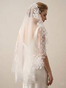 1pc Mantilla Style Lace Trim Fingertip Length Bridal Veil With Comb, White/Ivory,Festival,Birthday - Multicolor - View 3