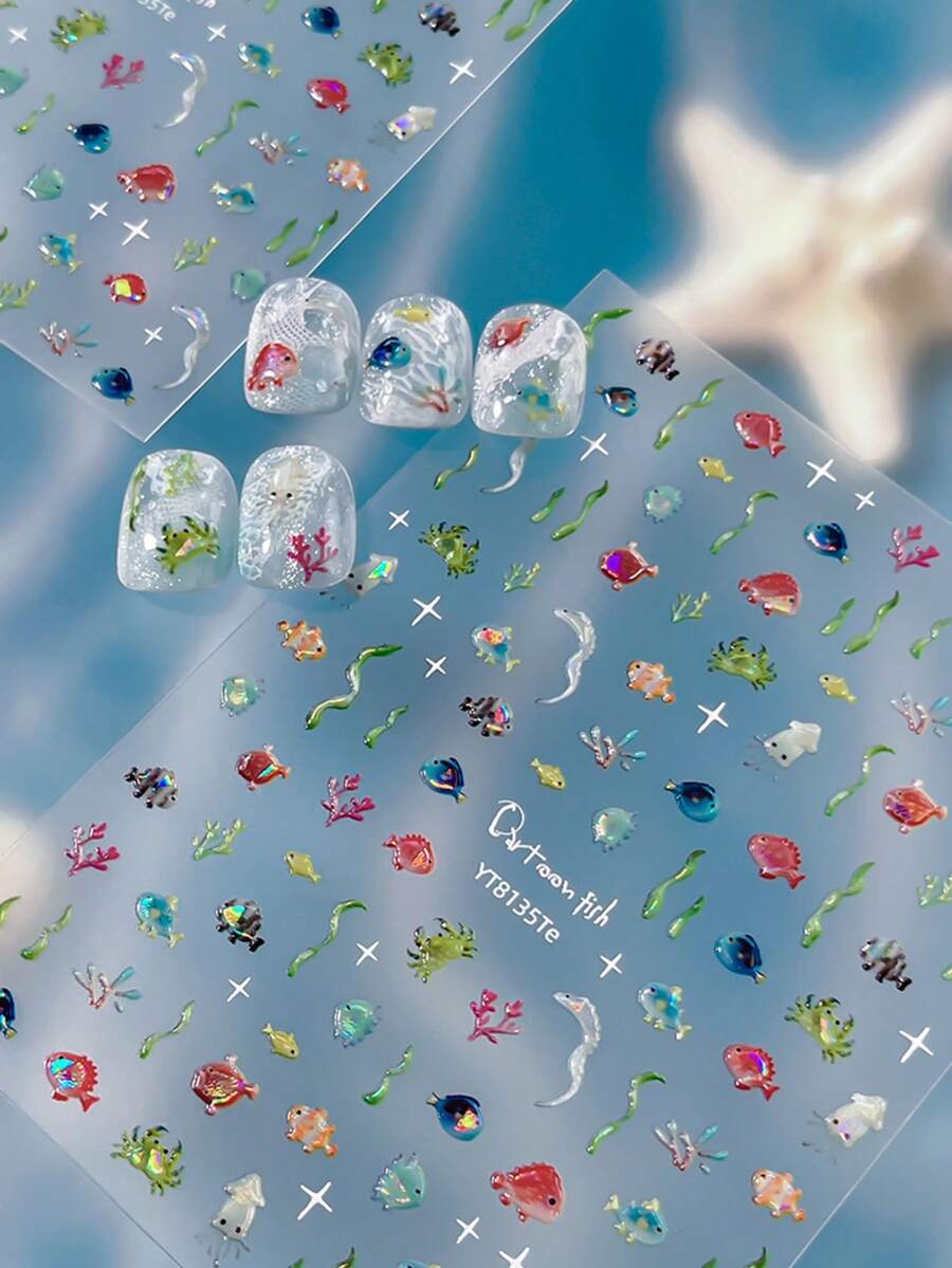 5D Laser Underwater World Nail Stickers, Iridescent 3D Design, Essential Decor For French Manicure, Fresh & Ethereal, Suitable For Spring/Summer - Multicolor - View 1