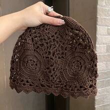 Sombrero turbante de mujer hecho a mano con malla tejida hueca y flor, sombrero delgado y elegante vintage, transpirable, sombrero de punto hecho a mano, gorro de punto, para playa y viaje - Sombrero tejido - Ver 4