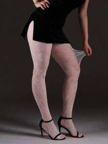 Jacquard Fishnet Stockings, Floral Hollow Out Leggings, Sexy & Fashionable, Suitable For Party, Home, Office, Halloween Gothic Style, Back To School - 白色 - 查看 1