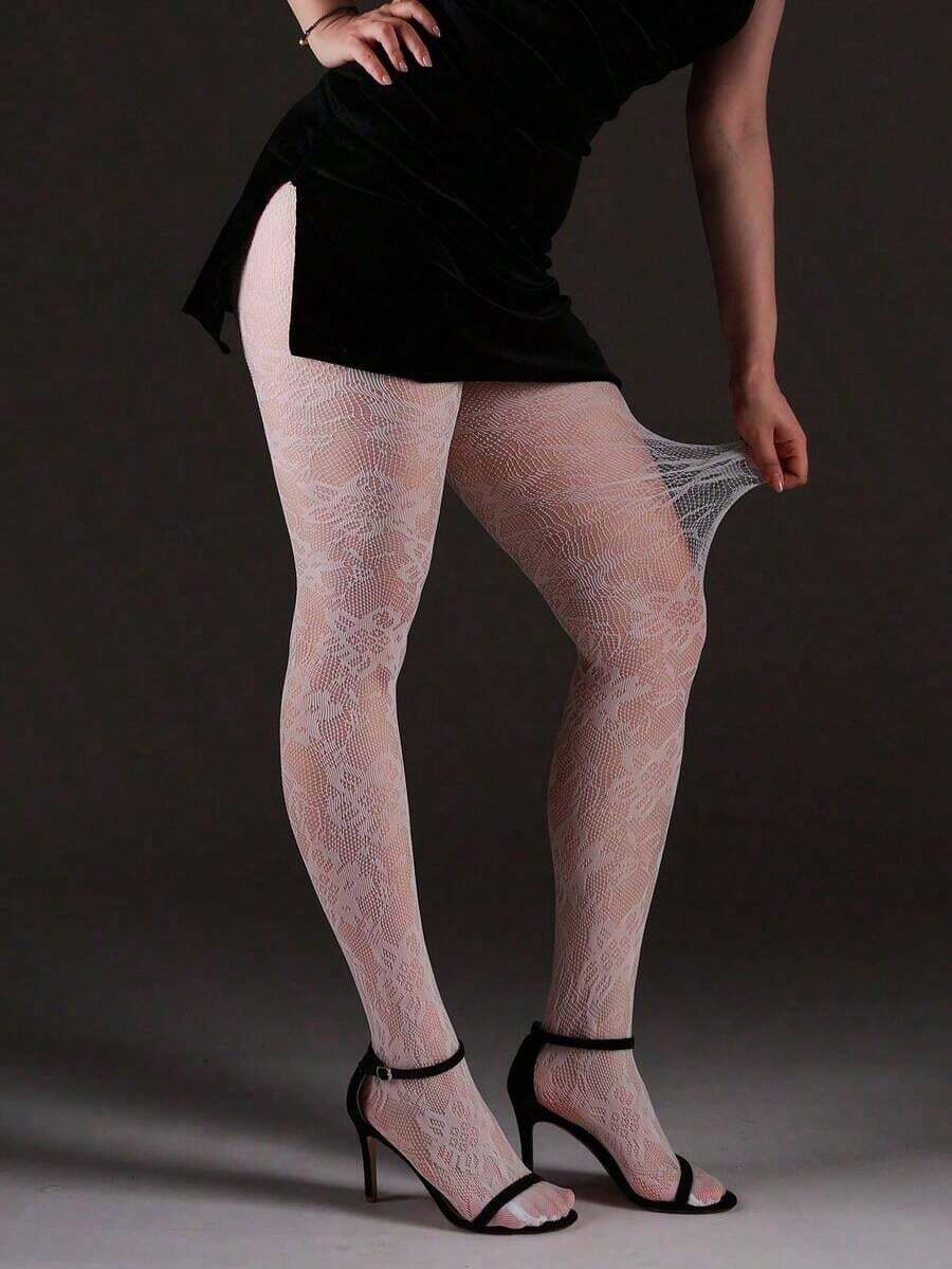 Jacquard Fishnet Stockings, Floral Hollow Out Leggings, Sexy & Fashionable, Suitable For Party, Home, Office, Halloween Gothic Style, Back To School - 白色 - 查看 1