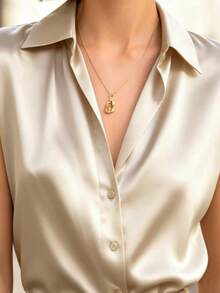 Camisa de mujer de unicolor de poliéster con botones delanteros, ligera para oficina en verano - Albaricoque - Ver 4