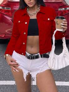 Women's Short Style Jacket With Pockets Casual Red - Red - View 5