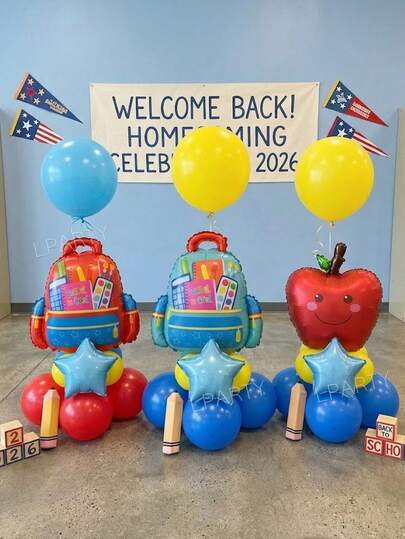 37pcs/Set 2026 Back To School Theme Balloon Bouquet Set, Classic Red Yellow Blue Color, Backpack & Apple Foil Balloons, 18" Light Blue & Yellow Latex Balloons, 10" Light Blue Star Foil Balloons, Classroom Back To School Party Decor, Back To School Photo Props, Back To School Decorations, Stationery Theme Balloon Combo, Welcome Back Decor Set