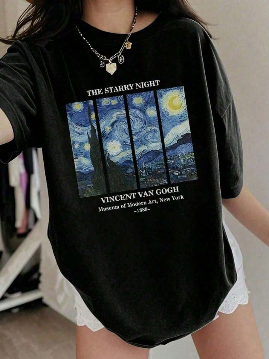 ClassicPlayera estampada con diseño de una pintura famosa, estampado, casual de mujer, cuello redondo, manga corta, para todos los días, llamativa, moderna, holgada, paraí.Summer Tee - Negro - Ver 1