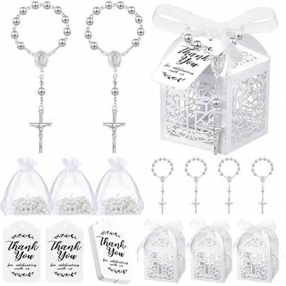 120pieces Of Baptismal Gift Set Includes 25 Mini Prayer Beads, 25 Laser Cut Baptismal Gift Boxes, 25 White Organza Bags, And 25 Thank-You Cards, Wedding Party Baptismal Supplies