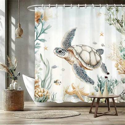 1 chiếc rèm tắm in hình rùa biển kèm móc trang trí chủ đề đại dương, làm từ vải polyester, có thể giặt máy, không có lớp lót, thích hợp trang trí phòng tắm, căn hộ, khách sạn.