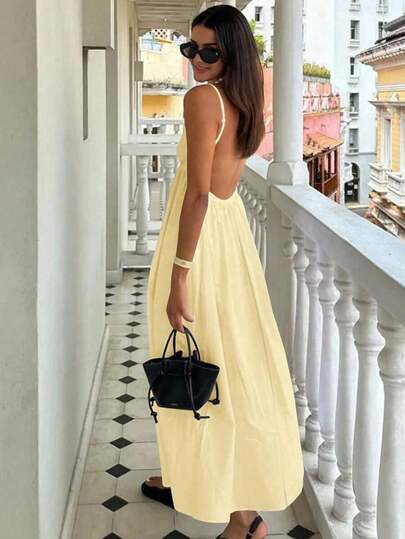 Women's Summer Vacation Solid Color Backless Spaghetti Strap Dress