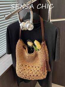 Damen Schultertasche aus Cut Out gewebtem Stroh, atmungsaktive leichte weiche Häkel-Strandtasche, lässig mit großer Kapazität, perfekt für Strandurlaub, Resort-Reisen, tägliches Einkaufen, lässiges Bummeln, Outdoor-Ausflüge, Wochenend-Treffen, ideal - Khaki - Übersicht 5