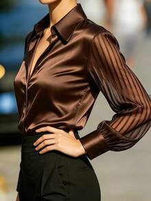 Women's Elegant Solid Color Satin Splice Sheer Sleeve Blouse, Suitable For Office, Vacation And Daily Holiday Wear, Brown Summer - Brown - View 4