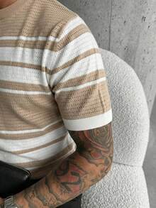 Men's Hollow Out Round Neck Short Sleeve Knit Sweater - Apricot - View 6