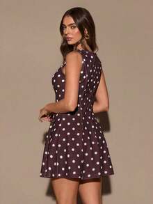 Vestido elegante de unicolor sin mangas con dobladillo con volantes y cintura elástica para citas en otoño para mujer - Marrón - Ver 2