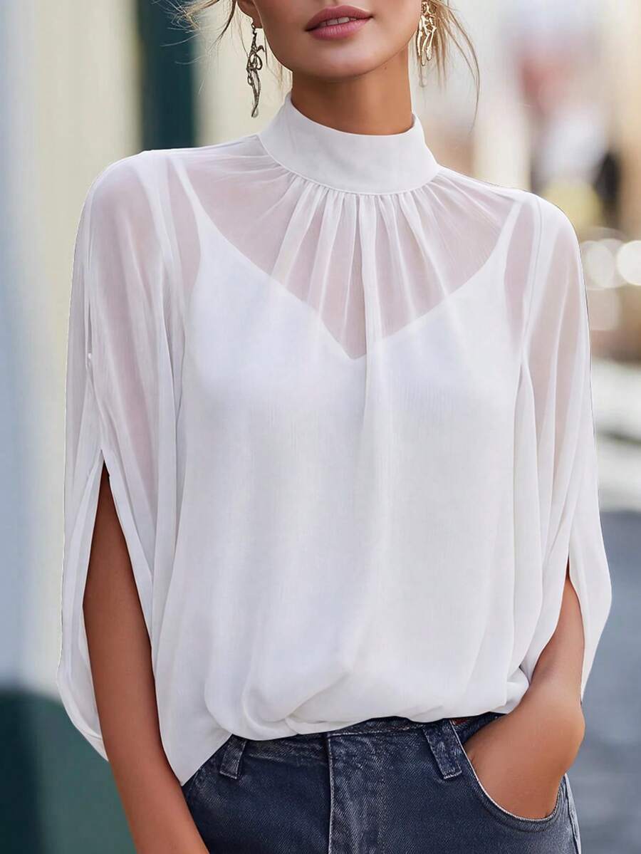 1 chiếc áo khoác ngoài mùa hè bằng vải chiffon mỏng nhẹ, thanh lịch, cổ tàu, tay áo kiểu cape, thích hợp cho mùa hè, hẹn hò, kỳ nghỉ, công sở, ở nhà và mặc hàng ngày. - trắng - Xem 1
