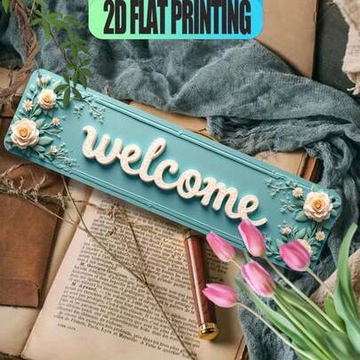 Letrero de bienvenida vintage con flores - Decoración de pared de metal con marco elegante con rosas azules y margaritas, placa colgante de aluminio adecuada para decoración de cafetería u oficina - Tamaño de instalación (40 x 10 cm), diseño plano 2D