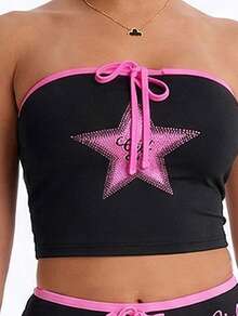 LovelyWholesale Women's Fashion Cute Letter & Pentagram Print Drawstring Bandeau Top And Pants Set, Suitable For Spring/Summer - Black - View 2