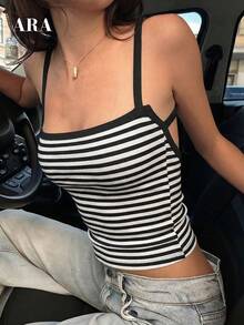 ARA CHIC 女士黑白条纹性感交叉吊带背心，高弹力修身休闲运动百搭背心，2026 春季新品 - 黑與白 - 查看 3