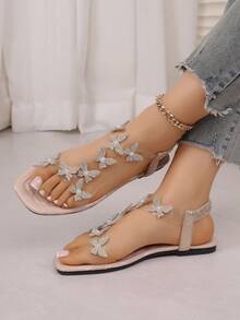 Teen Glitter Butterfly Ankle Strap Flats - Crystal & Pearl Dressy Sandals - Beige - View 3