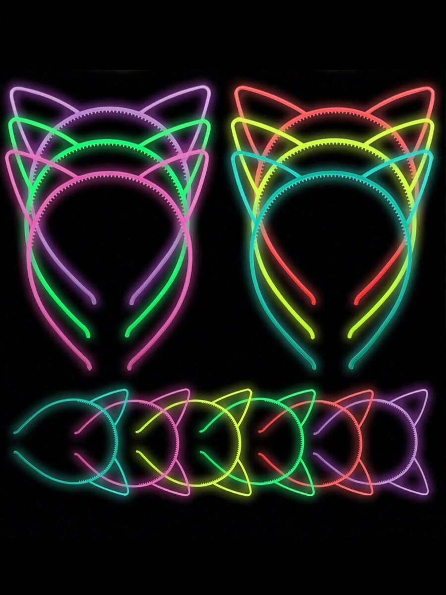 6个装夜光猫耳发箍，生日派对装饰发光猫耳发箍，霓虹发光，生日派对服装，节日庆典发光帽，派对拍照道具，提升派对氛围，发光蝴蝶结发箍，婴儿派对装饰，生日礼物，返校季，毕业季