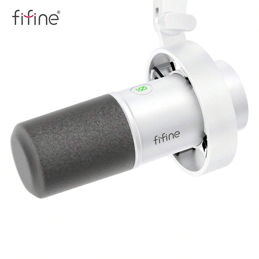 FIFINE K688 White Dynamic Microphone For Studio, USB/XLR Interface, Suitable For Podcasting, Live Streaming, Computer Recording, Voice-Over, Includes Shock Mount, Mute Button, Gain Knob And Headphone Monitoring