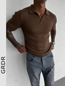 GRDR 男士夏季针织Polo衫，纯色短袖针织领，适合夏季外出穿着，时尚穿搭必备单品 - 棕色 - 查看 2
