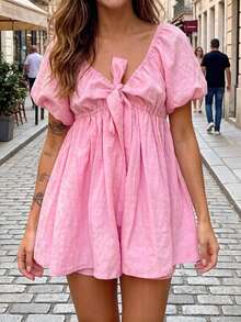 Women's 2 Piece Tie Front Puff Sleeve Cutout Loungewear Set Flowy Crop Top And Shorts Summer Beach Outfit - Hồng - Xem 4
