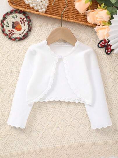 Baby Girls' Elegant Sweet Solid Color Knitted Shawl, Lace Design For Added Softness, Suitable For Daily Wear Or Outings, Spring