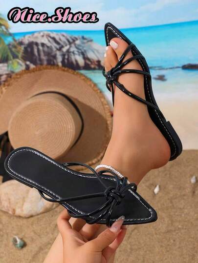 Giày sandal mũi nhọn quai xoắn kiểu mới mùa hè, thích hợp cho hẹn hò, đi làm, mua sắm, phong cách tối giản thời trang, màu đen, vàng, bạc.