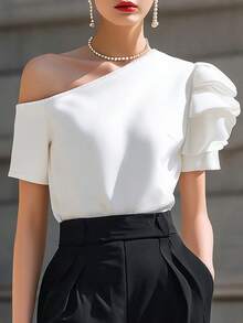 Elegaris Solid Color Elegant Asymmetrical Shoulder Puff Sleeve Blouse Summer Women's Top White - White - View 5