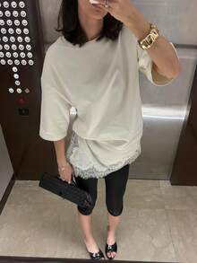 French Retro Lace Patchwork Loose Casual T-Shirt For Women, Spring/Summer, Oversized Mid-Length Short Sleeve Top White - White - View 5