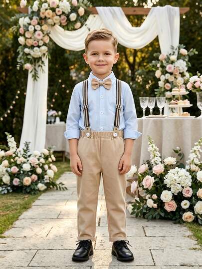 BOARNSEORL 2pcs Young Boys Gentleman Outfit - Blue Long Sleeve Shirt With Bow Tie And Khaki Suspender Pants, Fashionable, Elegant, Suitable For Birthday Party, Wedding, Family Gathering, Ring Bearer Formal Attire