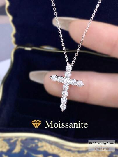 1pc Classic Cross-Shaped Elegant Necklace, Inlaid With 0.1 Carat Moissanite Diamonds, Made Of 925 Sterling Silver, Suitable For Weddings, Engagements And Other Occasions, Luxury Jewelry, Ideal Gift For Girls And Ladies On Anniversary