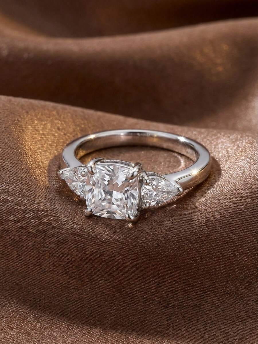1pc Classic Design Triple Stone Cushion Cut Cubic Zirconia Copper Ring - White - View 1
