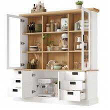 Armario alto de cocina con 6 cajones grandes, puertas de cristal, dispositivo antivuelco y raíles metálicos, 140x185 cm, mueble de almacenamiento para cocina y comedor. - Blanco - Ver 5